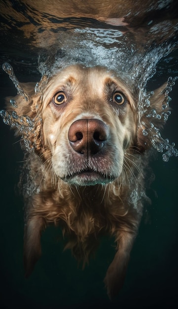 Un perro nada bajo el agua con un fondo negro.