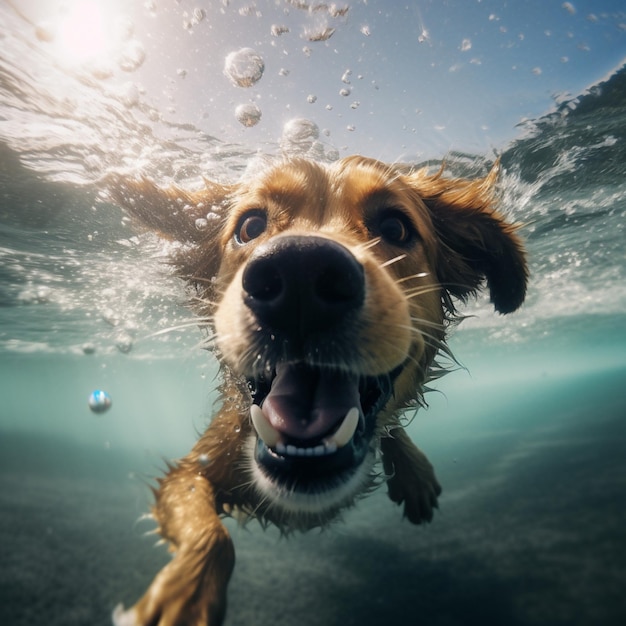 Un perro nada bajo el agua y mira a la cámara.