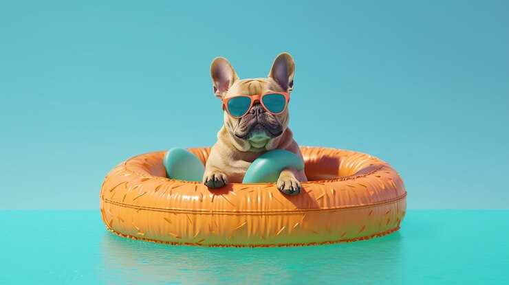 Perro nada en la piscina con gafas de sol azules con AIGenerated