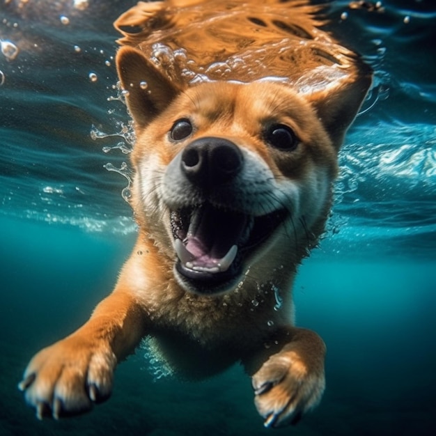 Un perro nadando bajo el agua con la boca abierta y la palabra "mar" en el fondo.