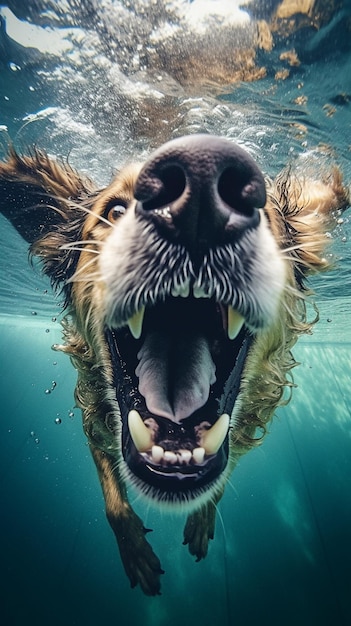 Un perro nadando en el agua con la boca abierta.