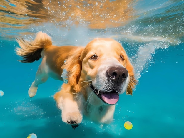 un perro nadando en el agua con burbujas en el fondo.