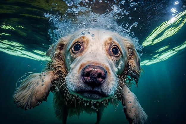 Un perro nadando bajo el agua con la palabra dorado.