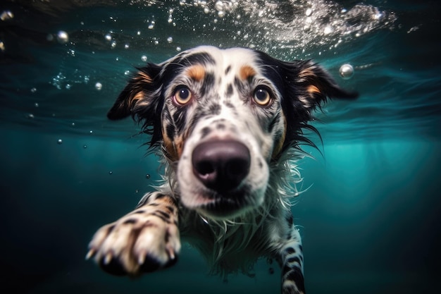 Un perro nadando bajo el agua con las palabras "perro" en el fondo IA generativa