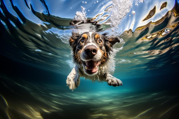 Perro nadando bajo el agua