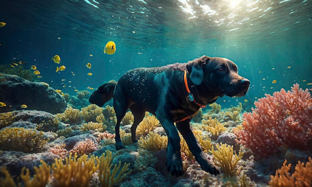 un perro nadando en un arrecife de coral con un pez amarillo en el fondo