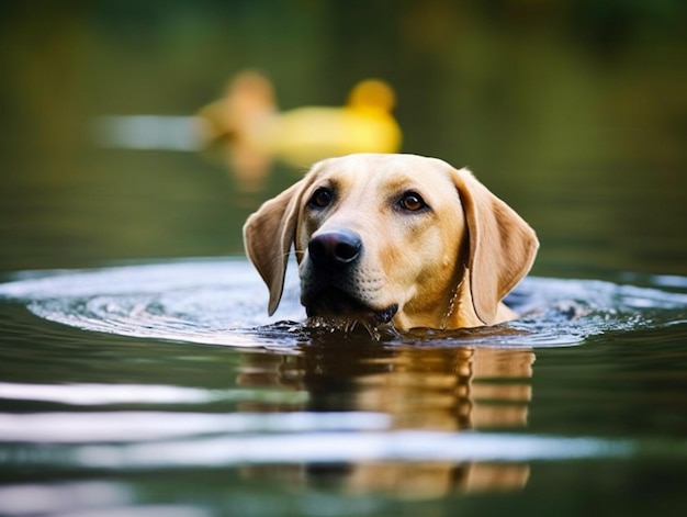 Un perro nadando en un lago con un pato amarillo al fondo