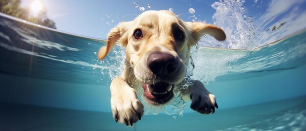 Foto un perro nadando en una piscina con agua y cielo en el fondo