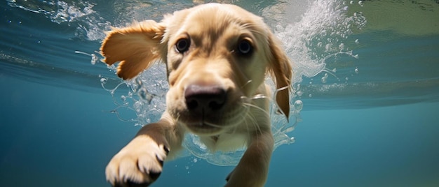 un perro nadando en una piscina con agua salpicando a su alrededor