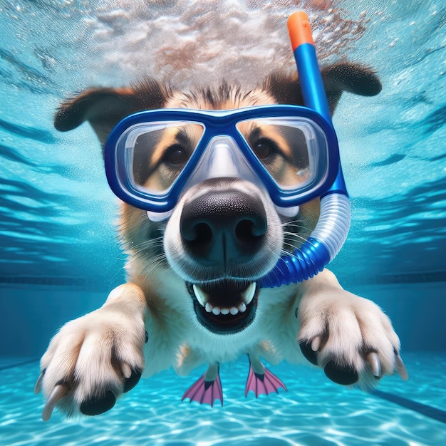 Foto un perro nadando en una piscina con una máscara de esquí de agua azul