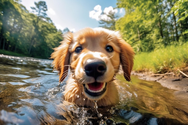 Un perro nadando en un río con la palabra dorado.