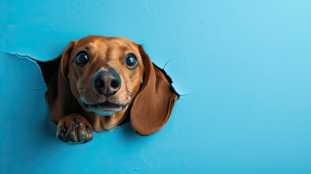 Foto un perro con una nariz marrón está mirando hacia arriba con un fondo azul