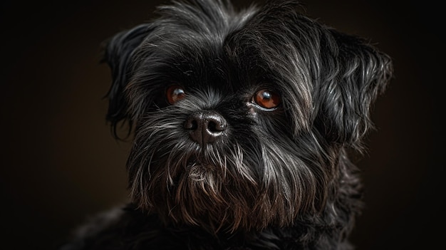 Un perro con nariz marrón y ojos negros.