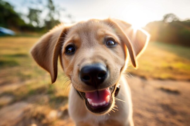 un perro con una nariz negra y una etiqueta blanca que dice feliz