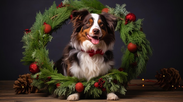 Foto perro de navidad con una corona de mishour alrededor del cuello