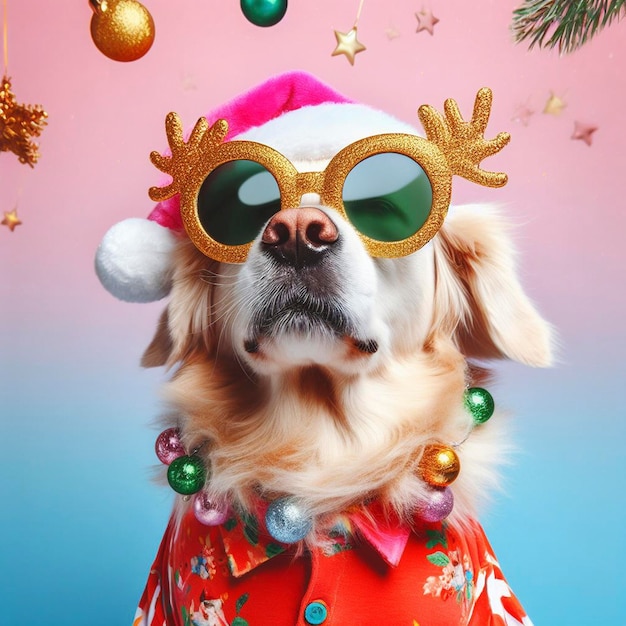 Perro de Navidad con ropa de colores y gafas de sol bailando en el fondo pastel