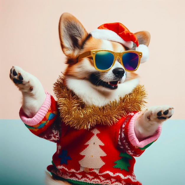 Perro de Navidad con ropa de colores y gafas de sol bailando en el fondo pastel