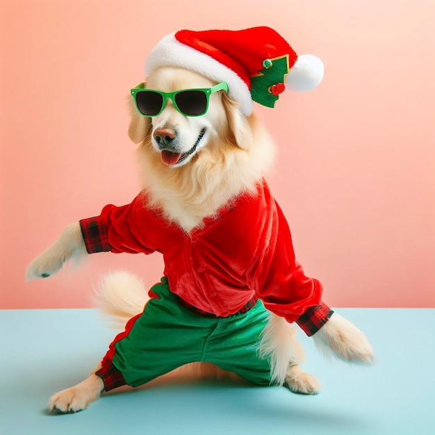 Perro de Navidad con ropa de colores y gafas de sol bailando en el fondo pastel