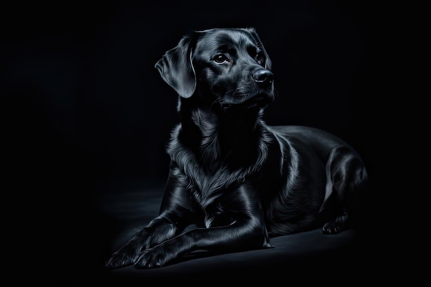 Un perro negro azabache sentado en la oscuridad.