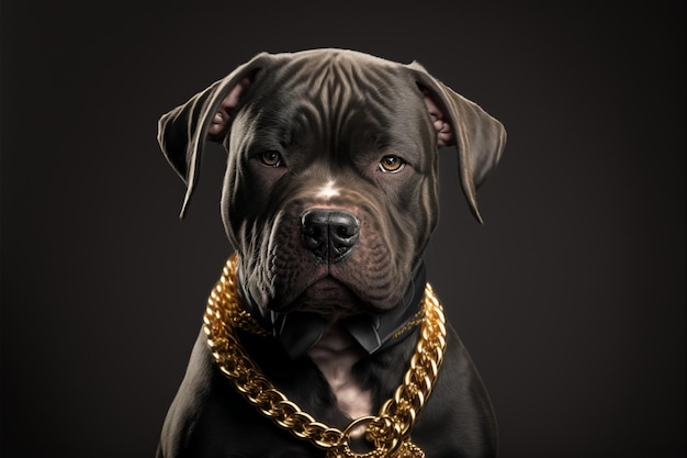 Un perro negro con una cadena de oro alrededor del cuello.