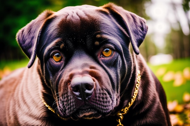 Un perro negro con una cadena de oro alrededor del cuello.