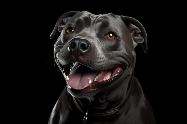 Un perro negro con un collar negro y un collar negro que dice 'pit bull'.