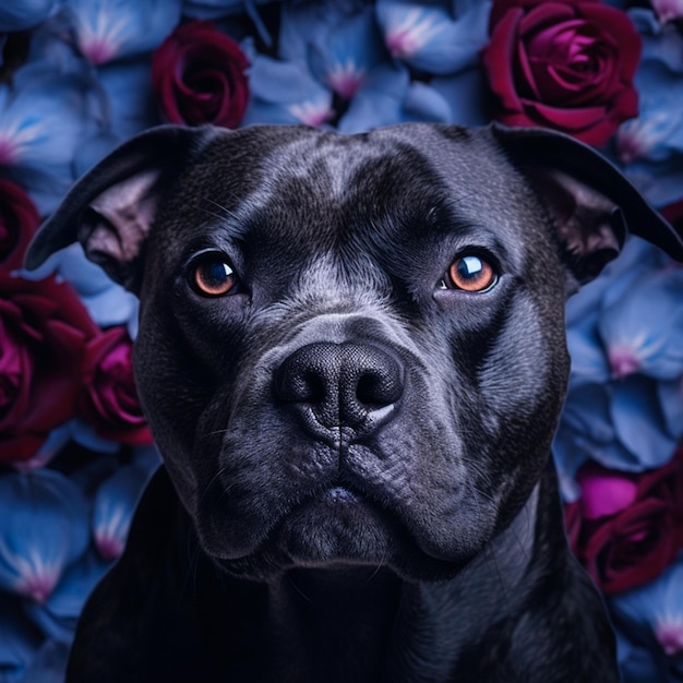 Un perro negro con una flor roja detrás