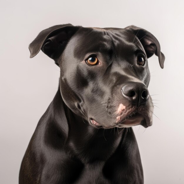 Un perro negro con un fondo tostado y un fondo blanco.