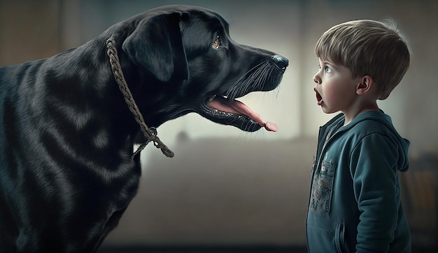 Un perro negro ladrando a un niño Ai generó arte