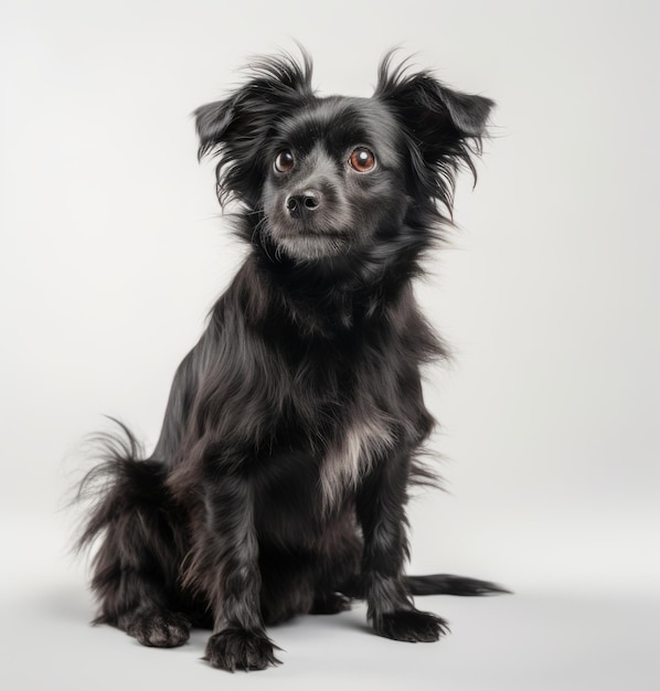 Un perro negro con una mancha blanca en el pecho se sienta frente a un fondo gris.