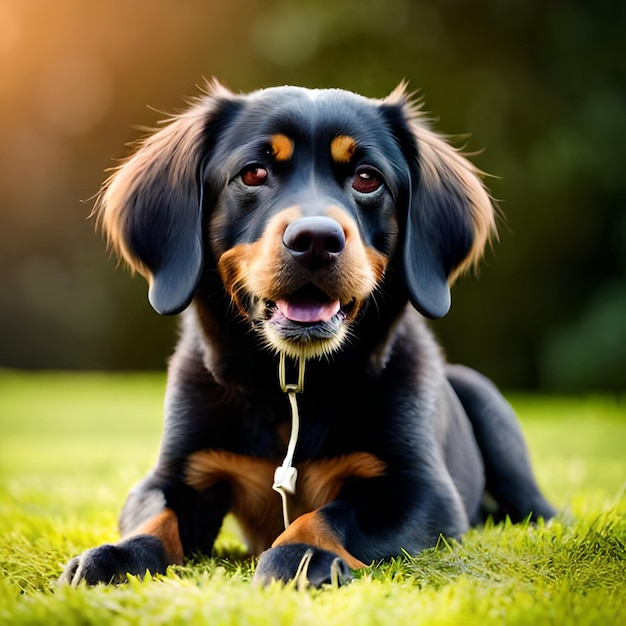 Un perro negro y marrón tirado en la hierba con una correa atada a él.