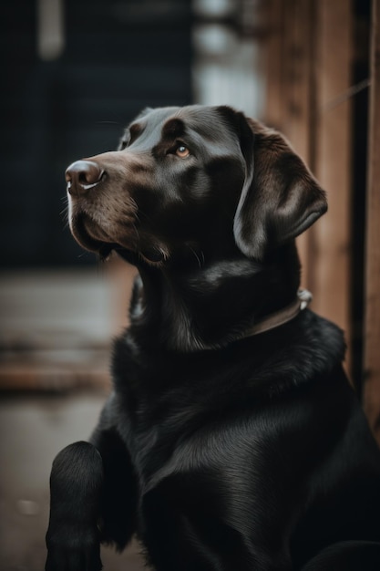 Un perro negro sentado en el suelo mirando hacia arriba Imagen generativa de IA