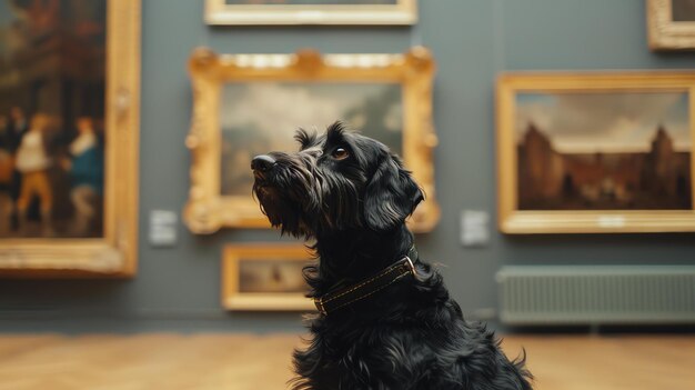 Foto un perro negro se sienta en un museo de arte mirando las pinturas en las paredes el perro lleva un collar y tiene una etiqueta en él