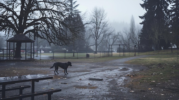 Un perro negro solitario está de pie en un parque en un día de niebla El perro está en primer plano con un árbol y una valla en el fondo