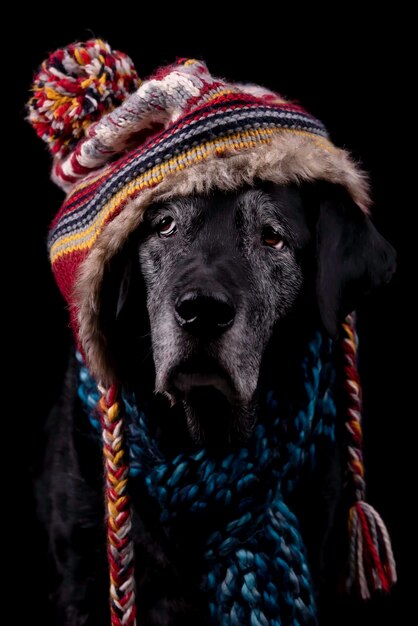 Foto perro negro con sombrero y bufanda de invierno