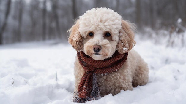 Un perro en la nieve con una bufanda.