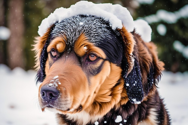 Un perro con nieve en la cabeza.