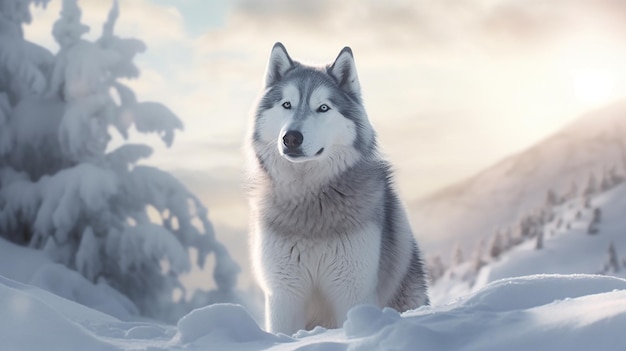 Un perro en la nieve con el cielo de fondo