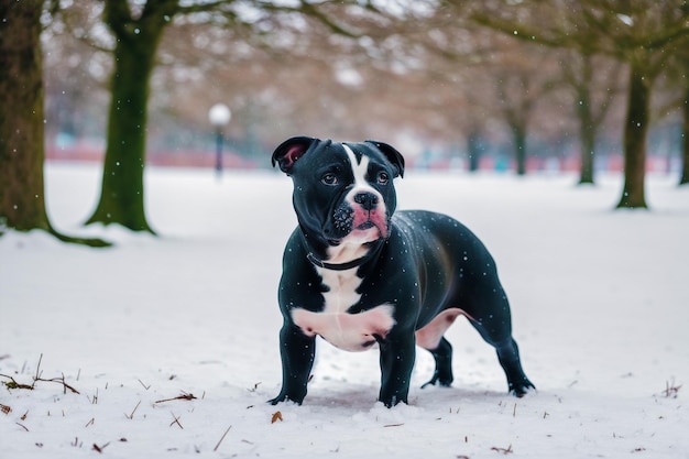 Un perro en la nieve con la palabra pit bull