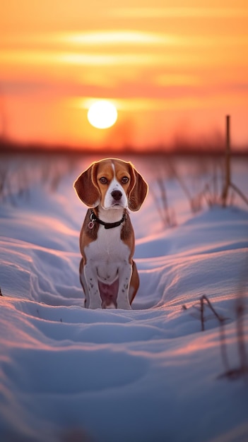 Perro en la nieve Retrato de perro beagle en el fondo del atardecer en invierno