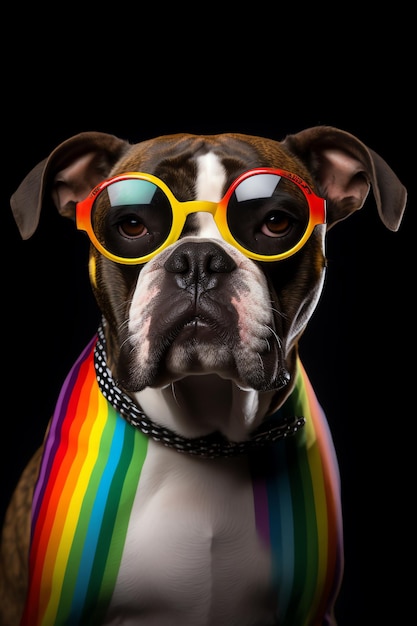 Un perro con un ojo de arcoiris y lentes lgbtq