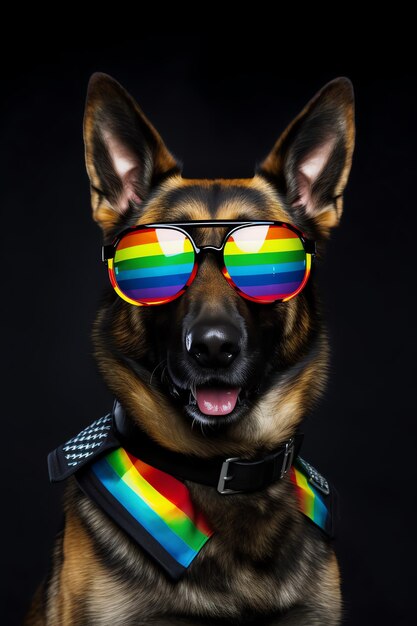 Un perro con un ojo de arcoiris y lentes lgbtq