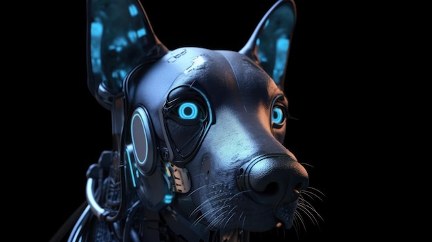 Un perro con ojos azules y fondo negro.
