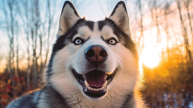 Un perro con ojos azules y nariz blanca sonríe a la cámara.