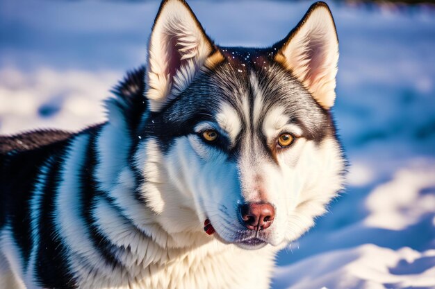 Un perro con ojos azules y nariz negra.