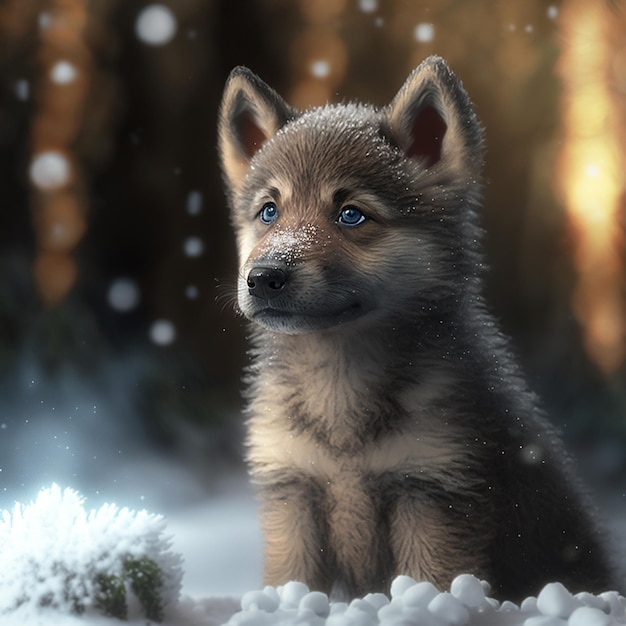 Un perro con ojos azules se para en la nieve con nieve.