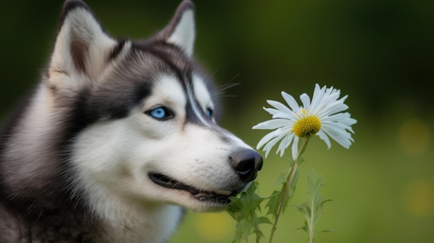 Un perro de ojos azules olfatea una flor.