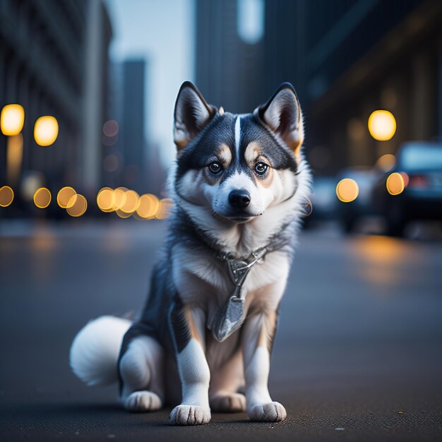 Un perro con ojos azules se sienta en una calle frente a un paisaje urbano