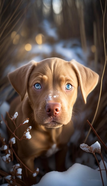 Un perro con ojos azules se sienta en la nieve.