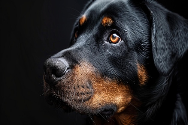 un perro con ojos marrones y un fondo negro